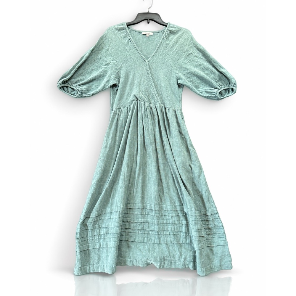 Madewell Midi Dress Womens XS Green Cotton Gauze Faux Wrap Puff Cottagecore